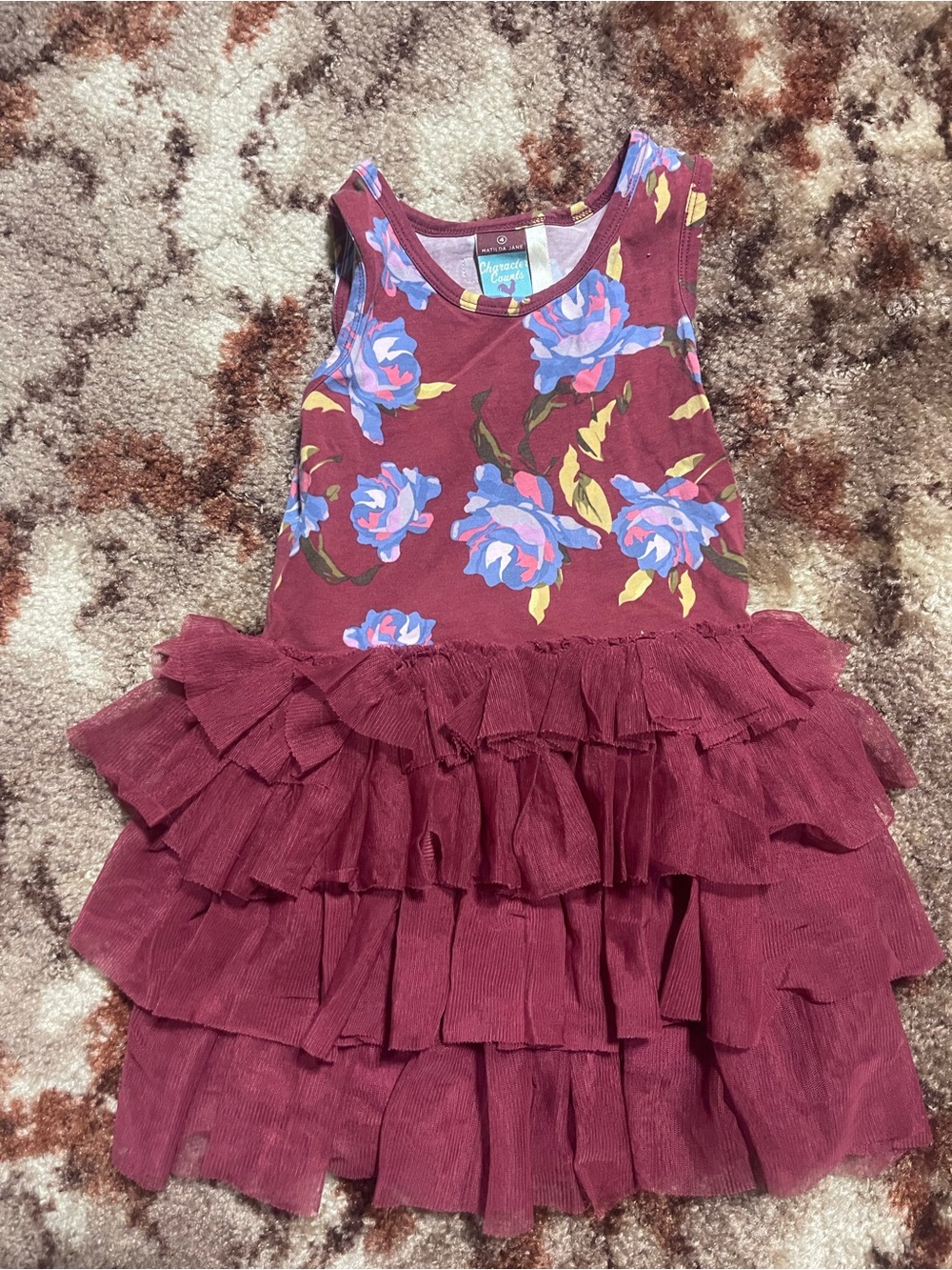 Matilda Jane Burgundy Floral Ruffle Tank Dress